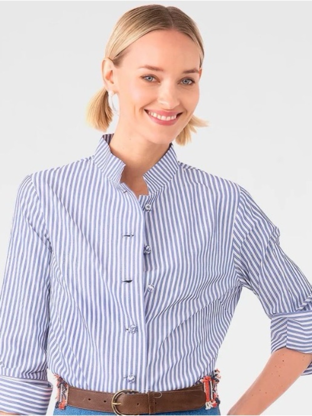 Gretchen Scott Designs Forget Me Knot Blue and White Vertical Stripe Button-Down